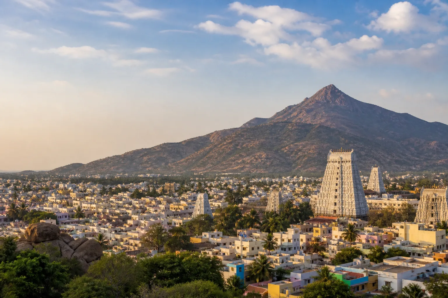 Editorial view of Tiruvannamalai temple town below Arunachala hill