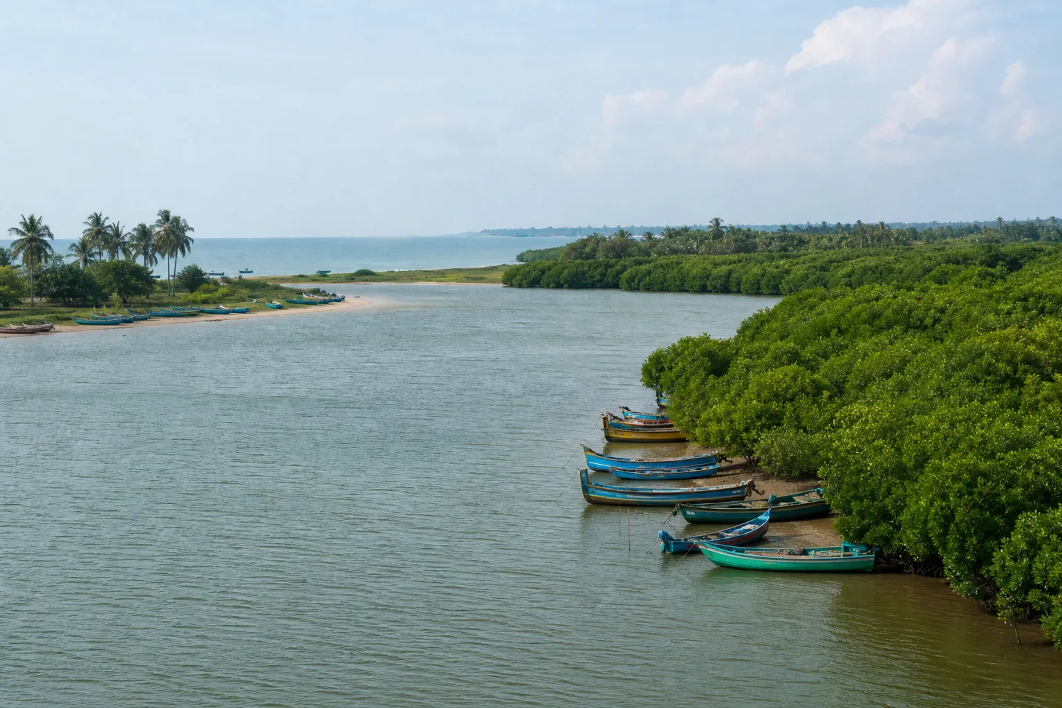 Project-created editorial view of the Cuddalore coast and estuarine landscape