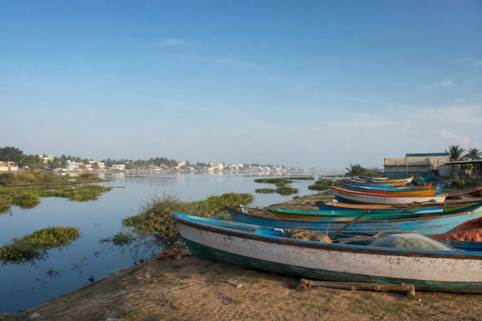 Project-created editorial view of the Nagapattinam coast and delta wetlands