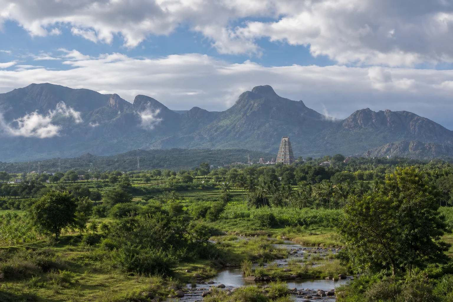 Project-created view of Tenkasi foothills and temple-town landscape