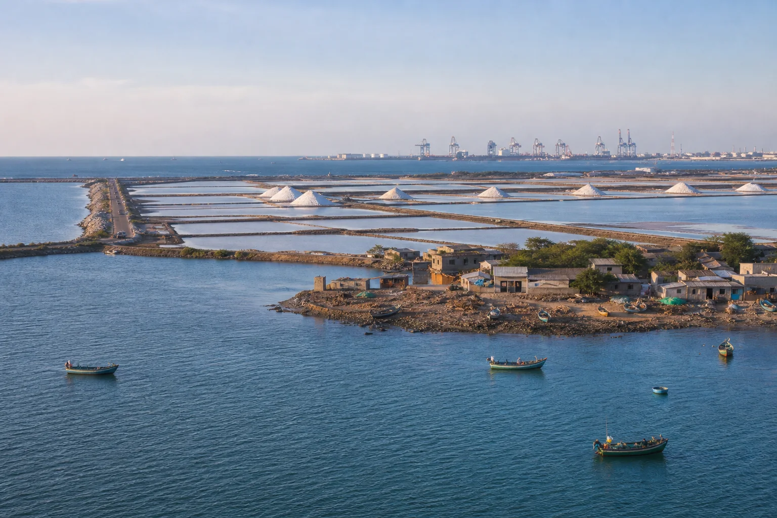 Project-created view of Thoothukudi coast, salt pans and distant port