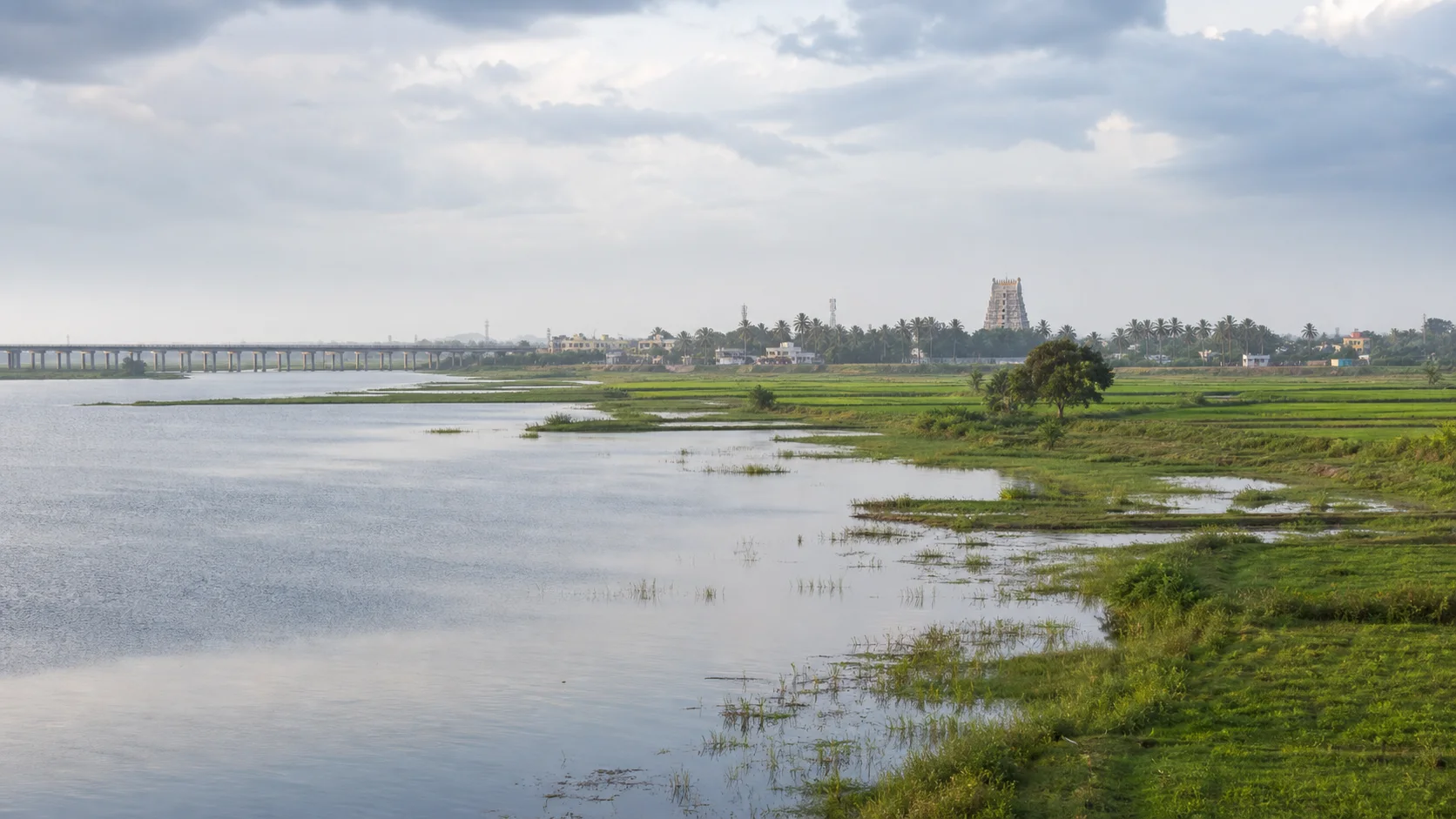 Project-created editorial view of Tiruvallur district's lake, fields and temple-town context