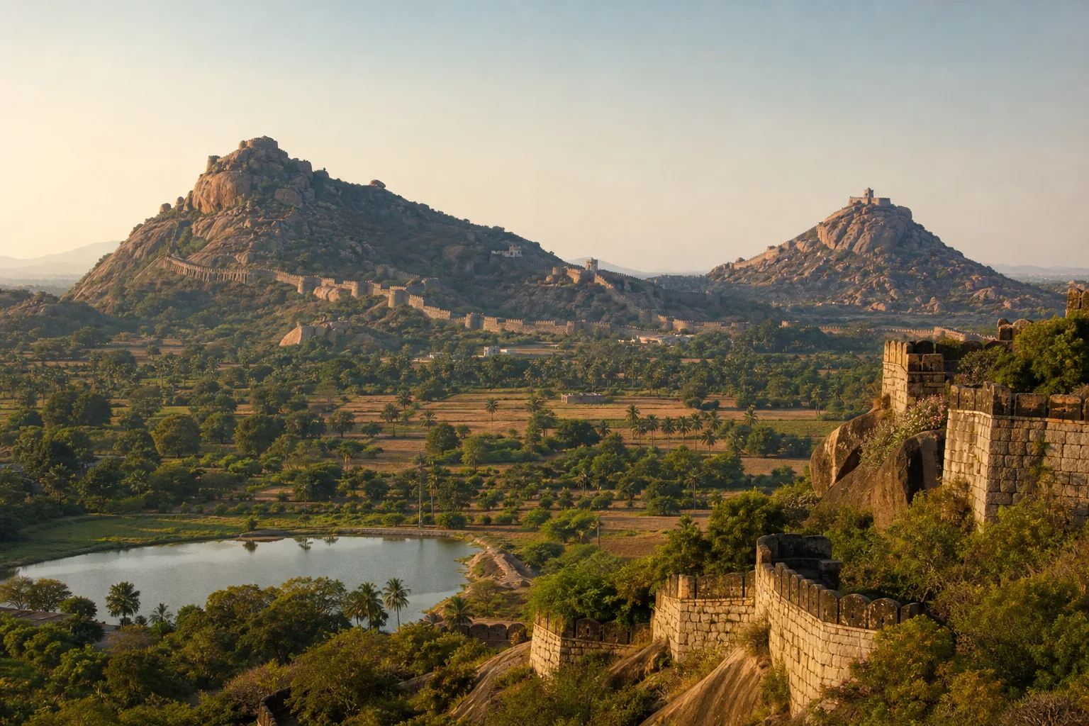 Project-created editorial landscape of Gingee's fortified hills in Viluppuram district