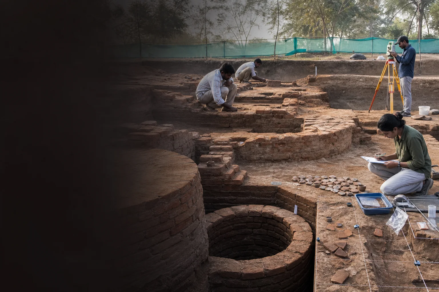 Project representation of Keezhadi brick structures and ring wells under excavation