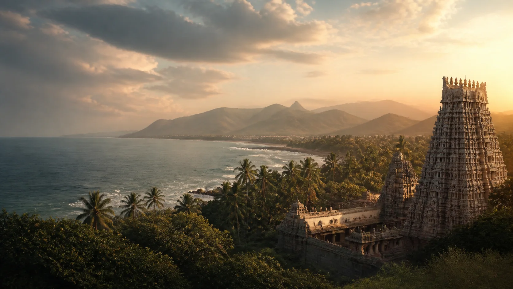 Coastal temple landscape introducing attractions across Tamil Nadu