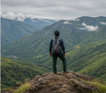 Mountain trek in green hills