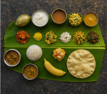 Traditional Tamil meal on a banana leaf