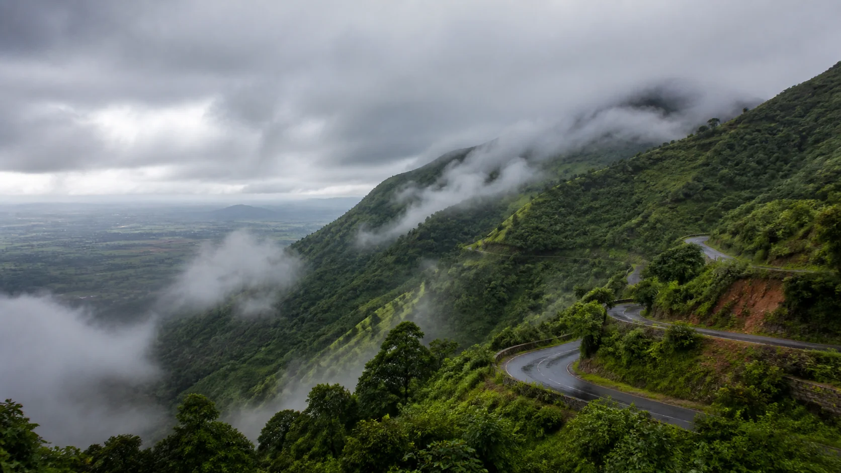Editorial rain over a river gorge