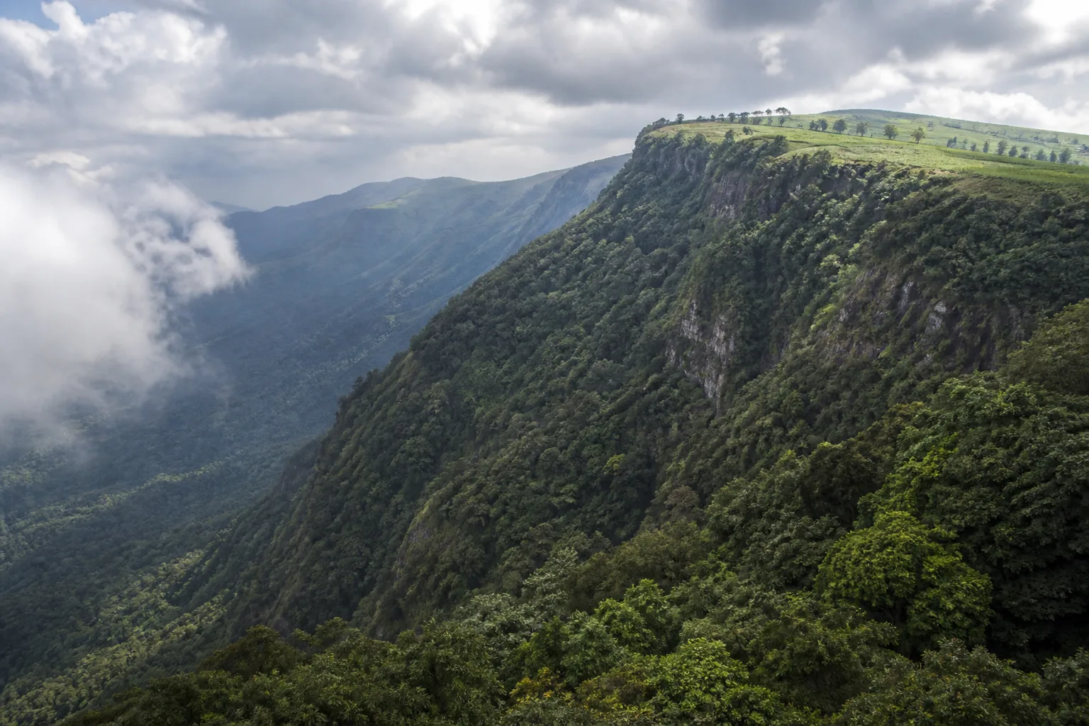 Steep forested Anamalai Hills with cloud and a distant cultivated plateau