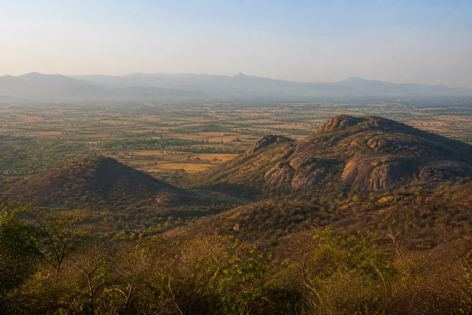 Discontinuous rounded Eastern Ghats hills above dry forest and cultivated plains in Tamil Nadu
