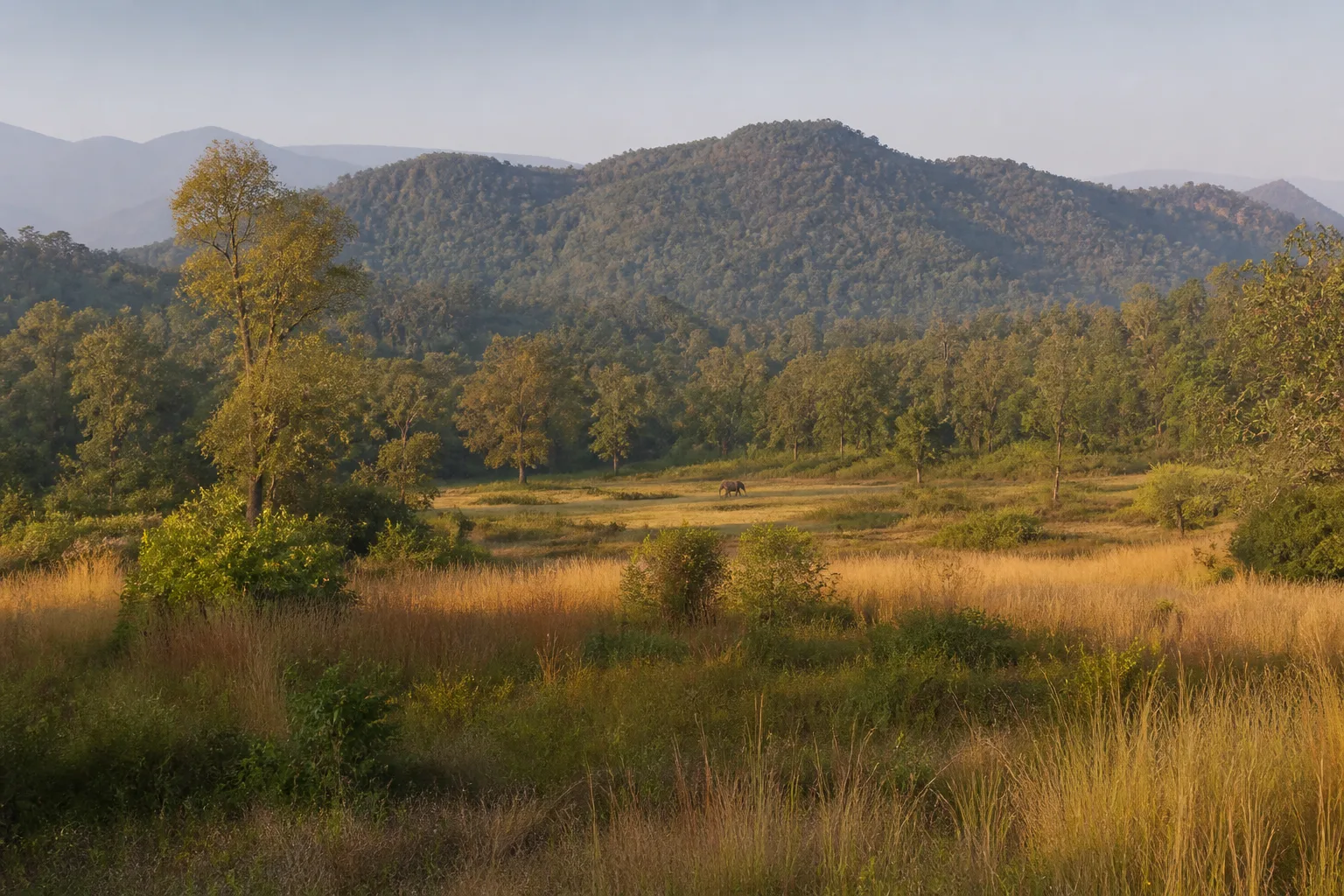 Deciduous forest and grassland mosaic with a distant Asian elephant