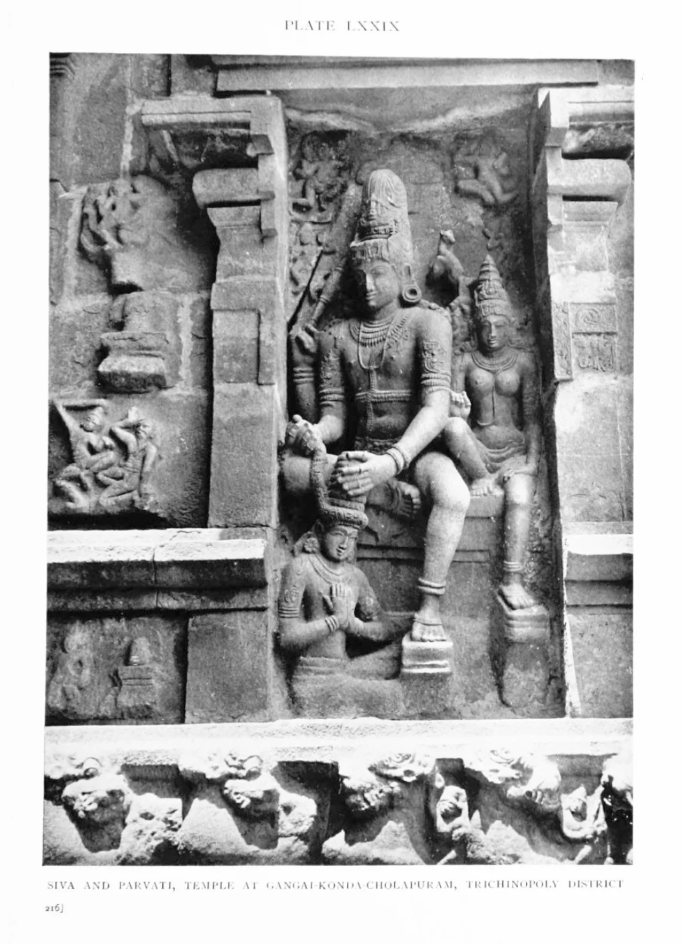 Early twentieth-century photograph of a Gangaikondacholapuram temple relief commonly interpreted as Shiva crowning Rajendra Chola I