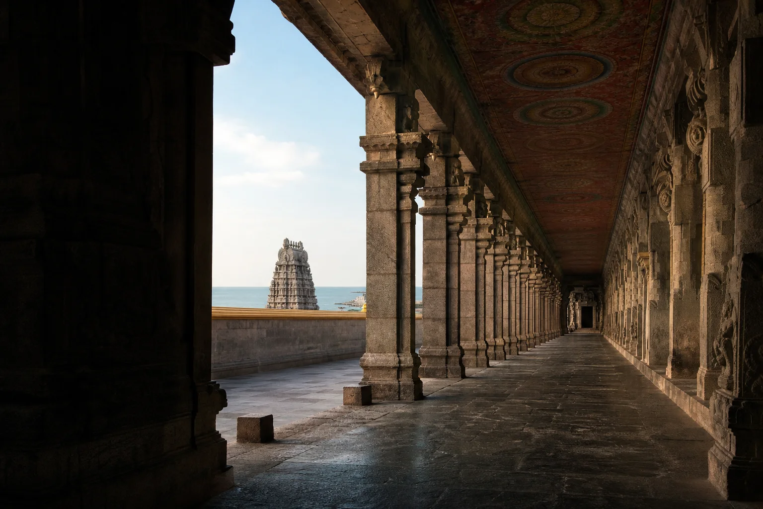 A temple corridor representing Rameswaram's sacred architecture
