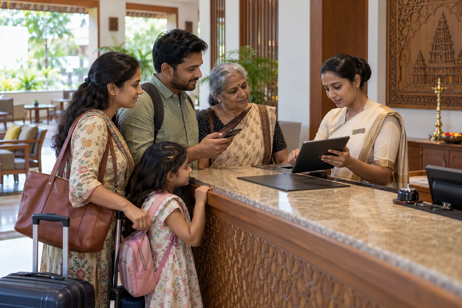 Multigenerational Tamil family verifying a digital hotel booking with reception staff
