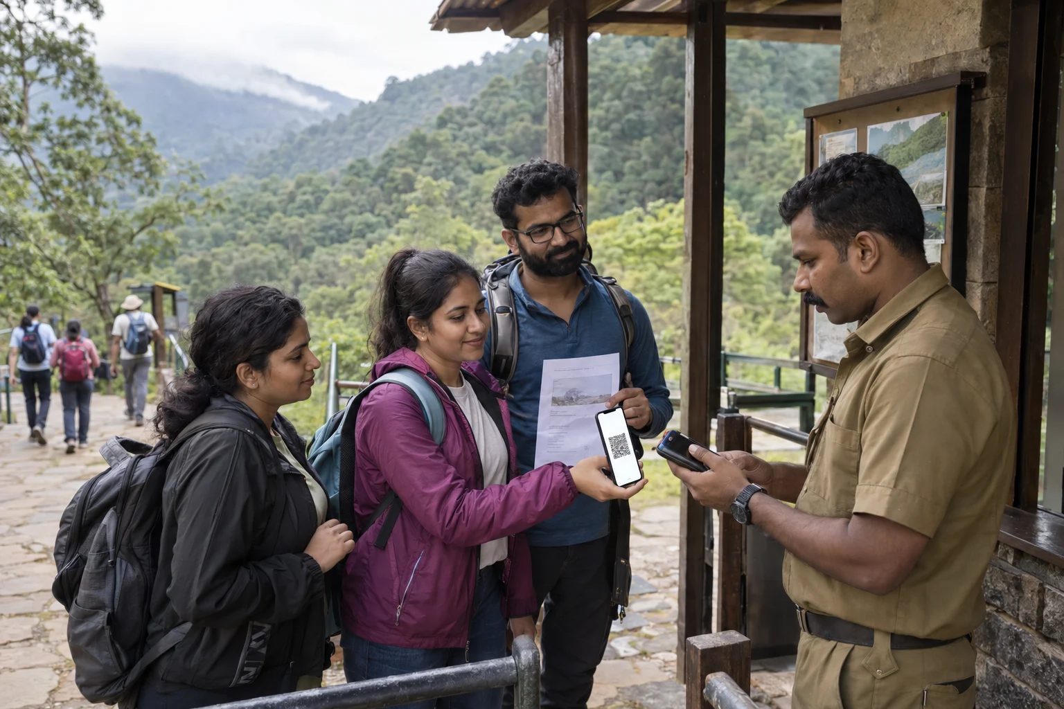 Indian travelers presenting a digital ticket and printed backup to staff at a Tamil Nadu hill attraction