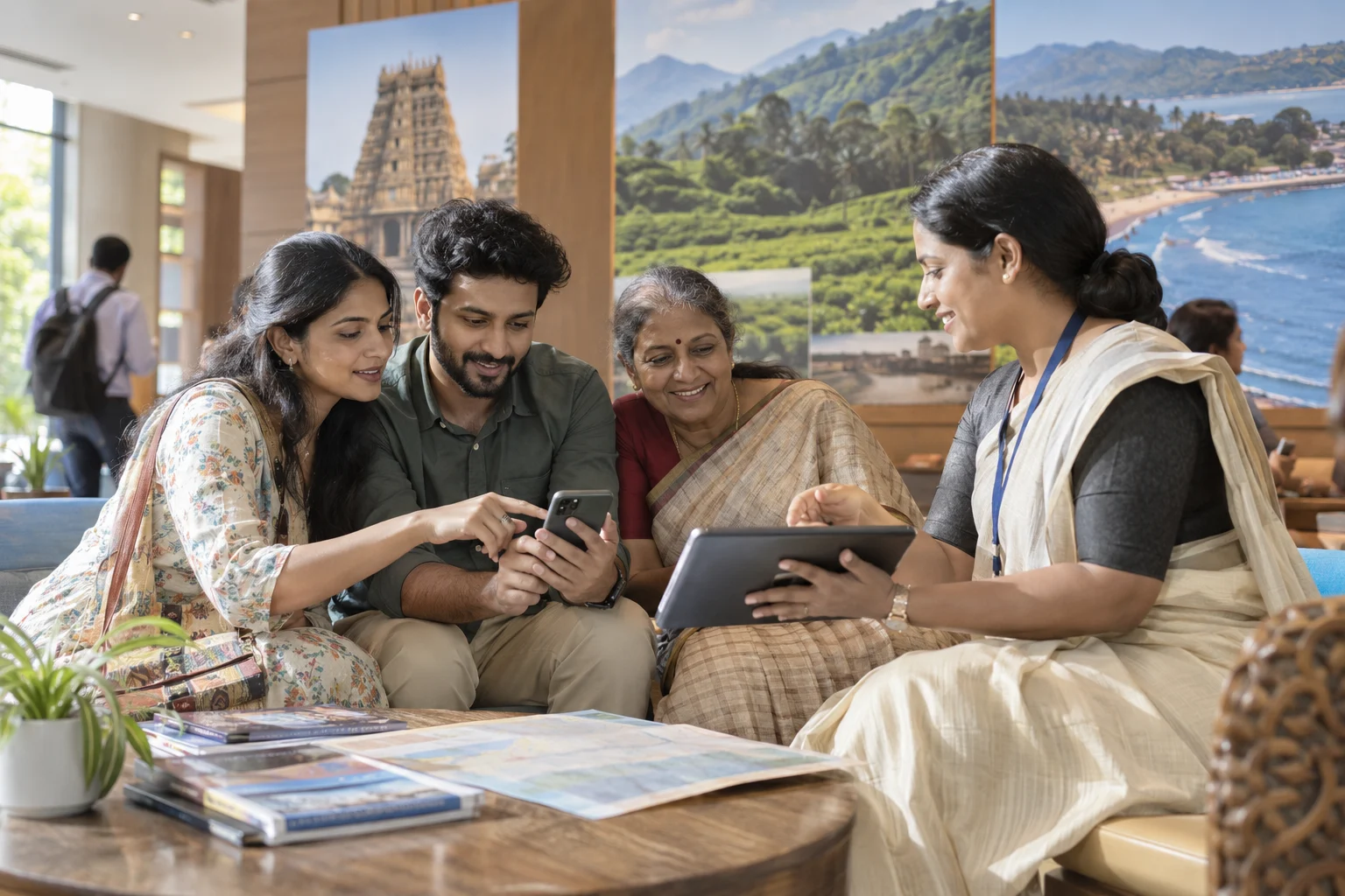 Indian family using a phone and tablet with a tourism adviser while planning a Tamil Nadu trip