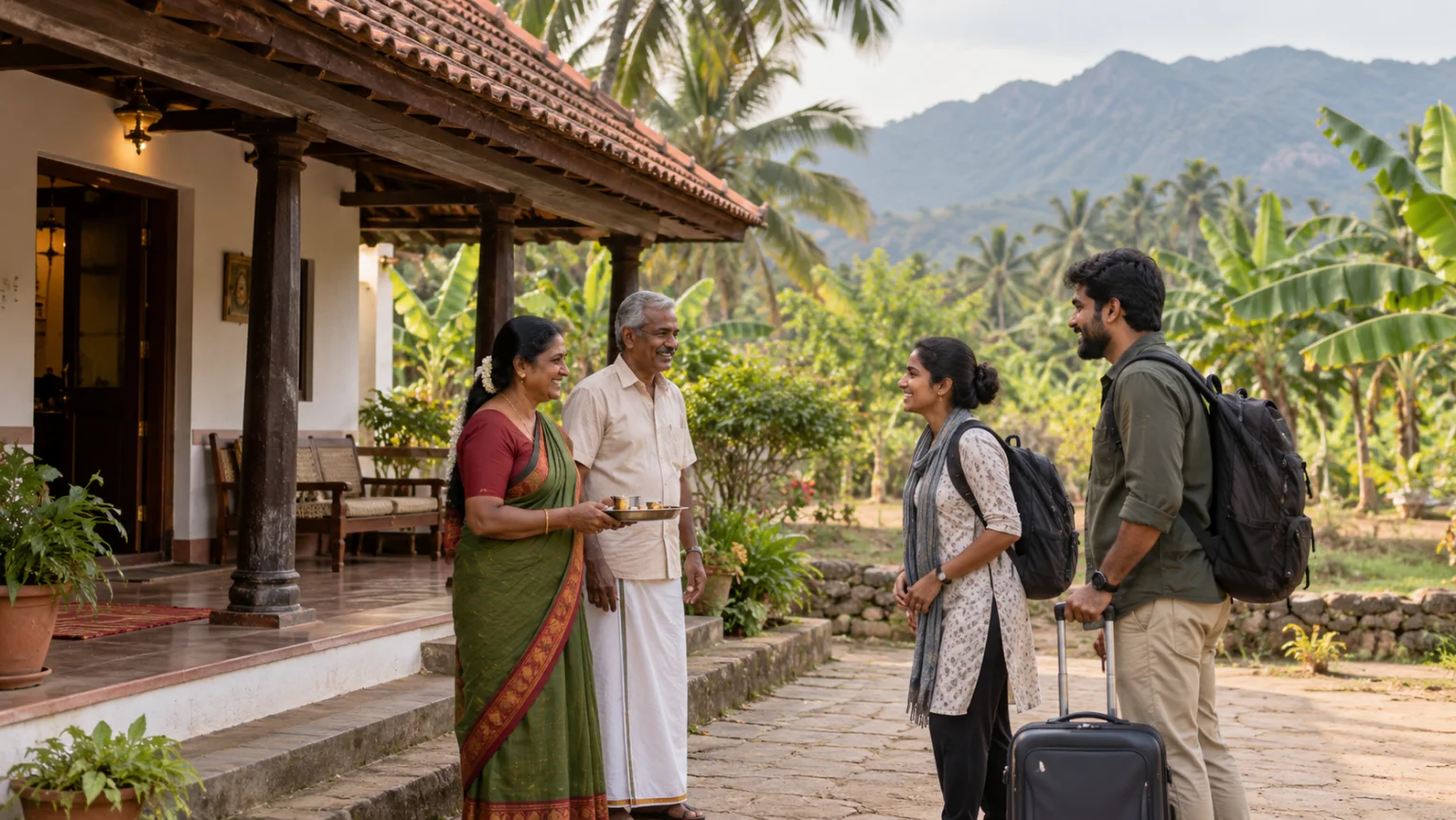 Tamil hosts welcoming travelers to a rural family homestay
