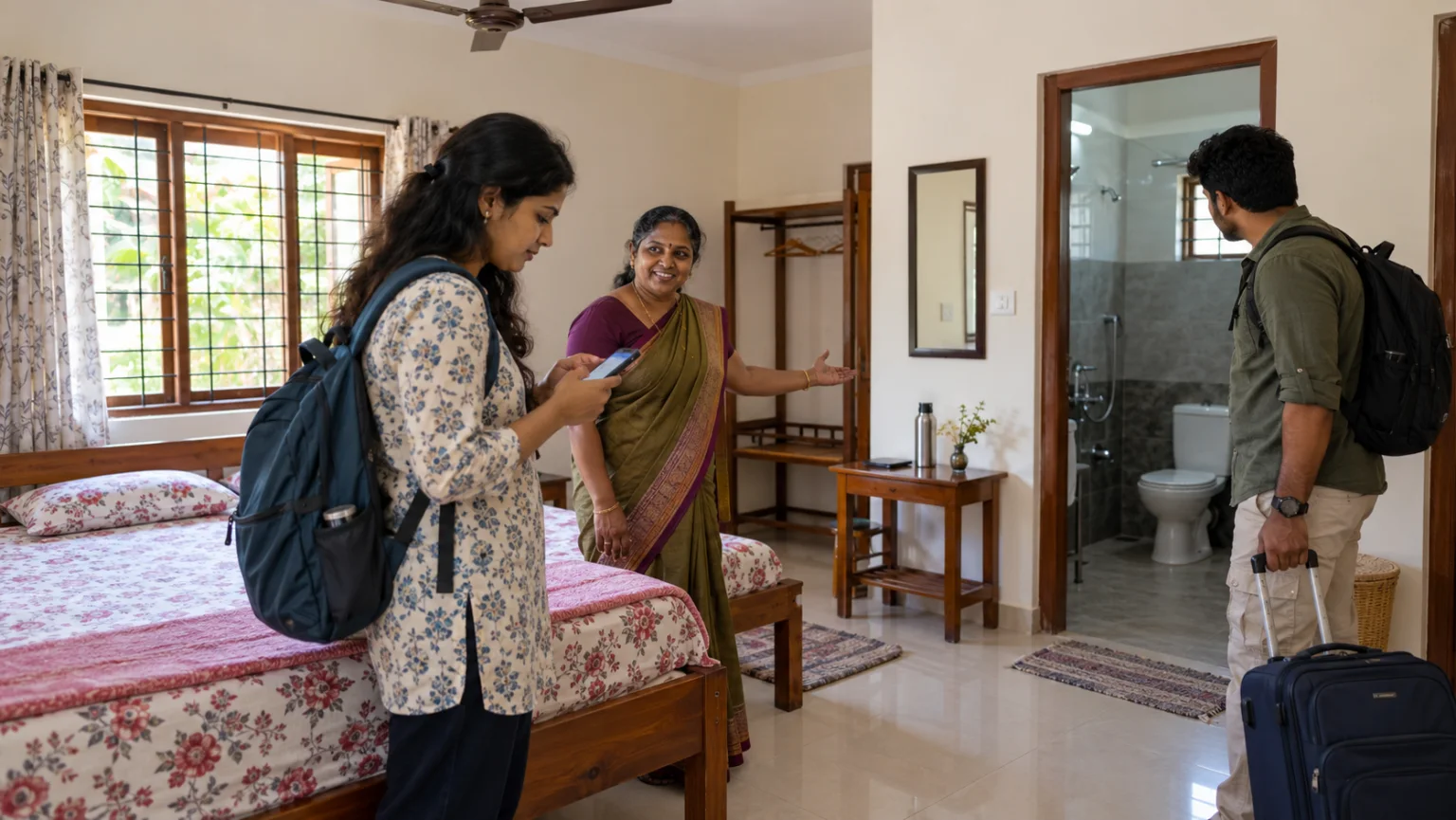 Travelers checking room access and booking details with a Tamil homestay host