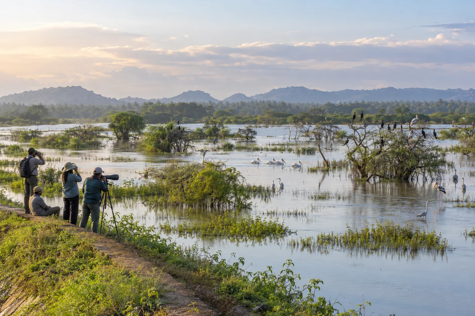 Birdwatchers quietly observing waterbirds across a monsoon-fed Tamil Nadu wetland