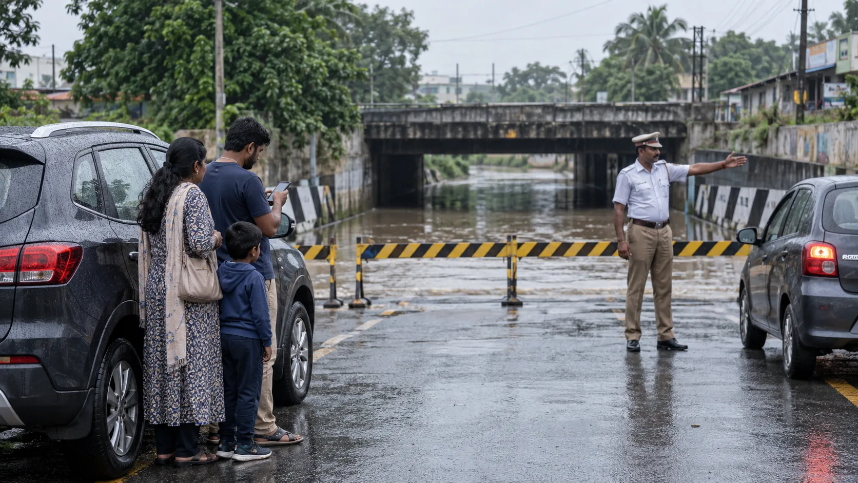 Indian travelers stopping before a flooded Tamil Nadu underpass while a traffic officer redirects vehicles