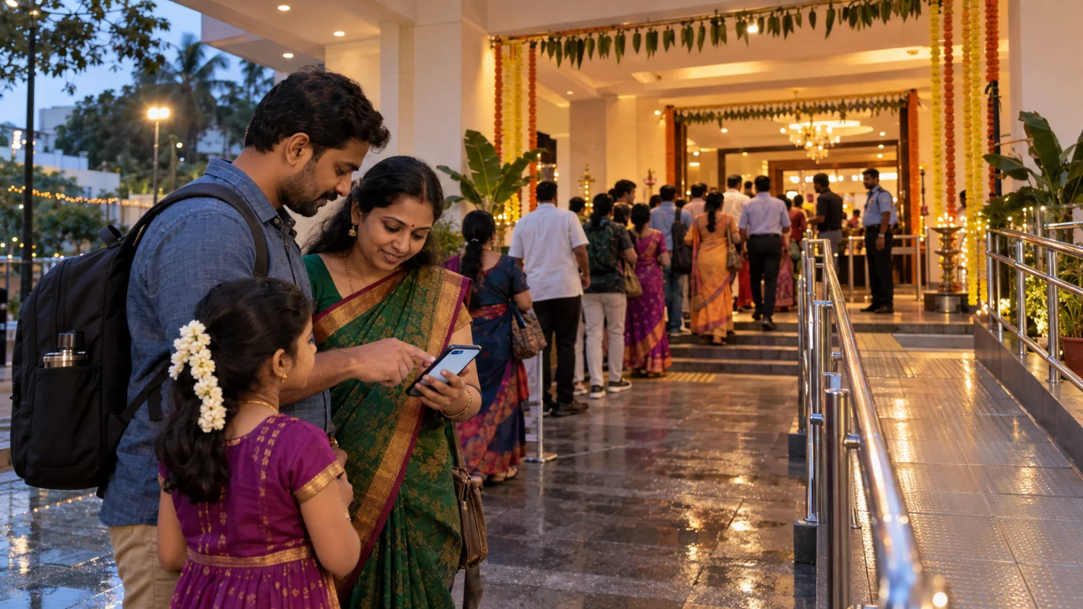 Tamil family checking a digital event confirmation outside a Navaratri venue