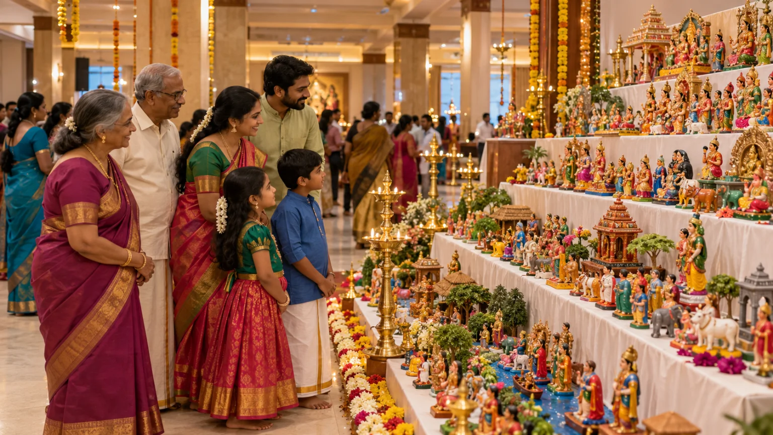 Multigenerational Tamil family viewing a public Navaratri Golu display
