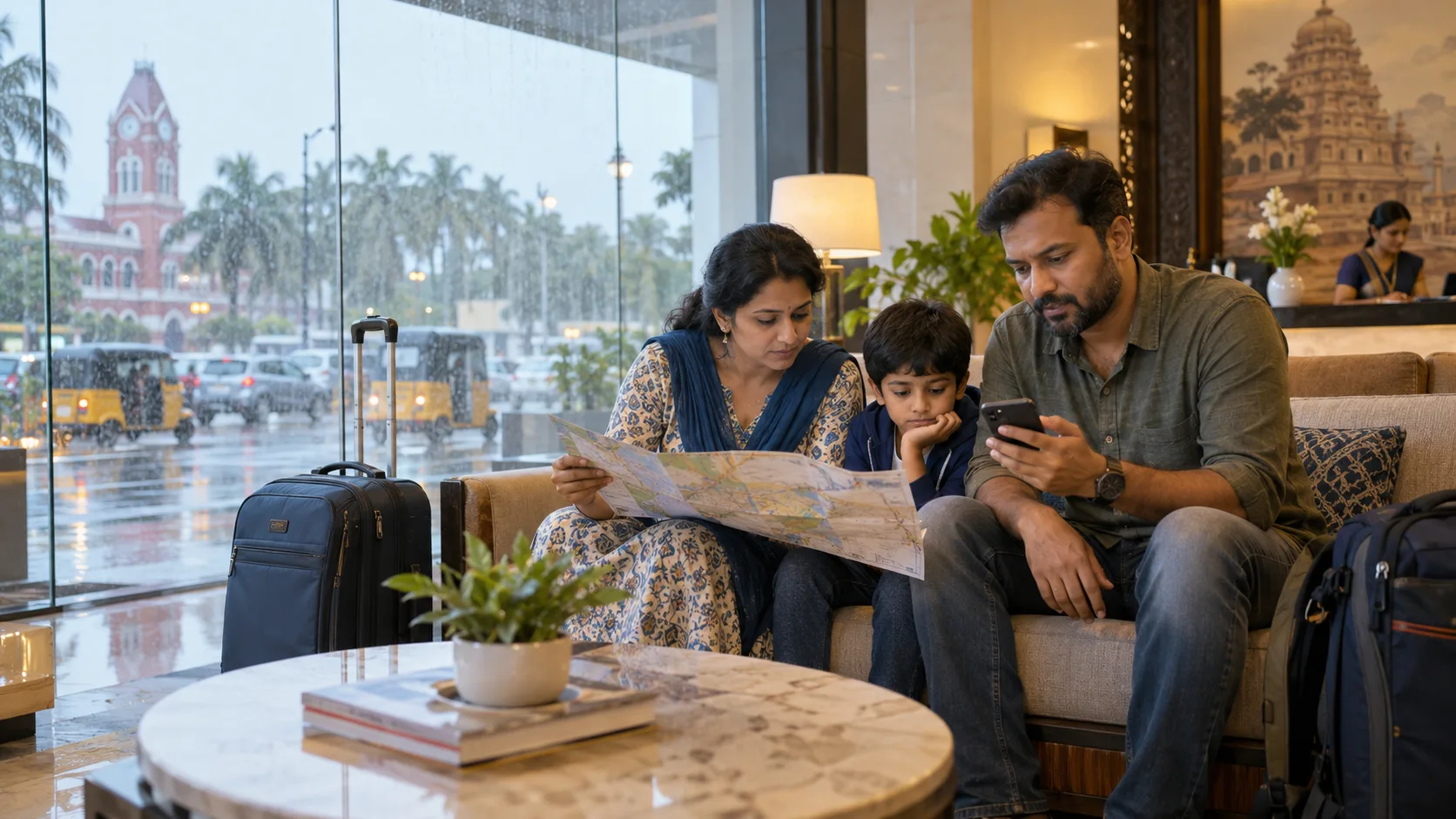 Indian family checking a weather alert and route map in a Chennai hotel during monsoon rain