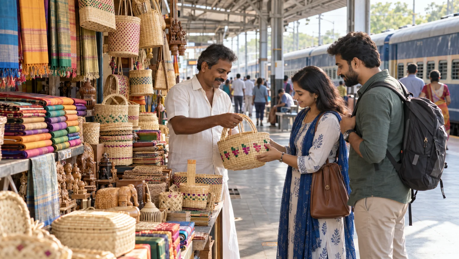 Travelers buying Tamil Nadu handloom and palm-leaf crafts at a railway platform kiosk