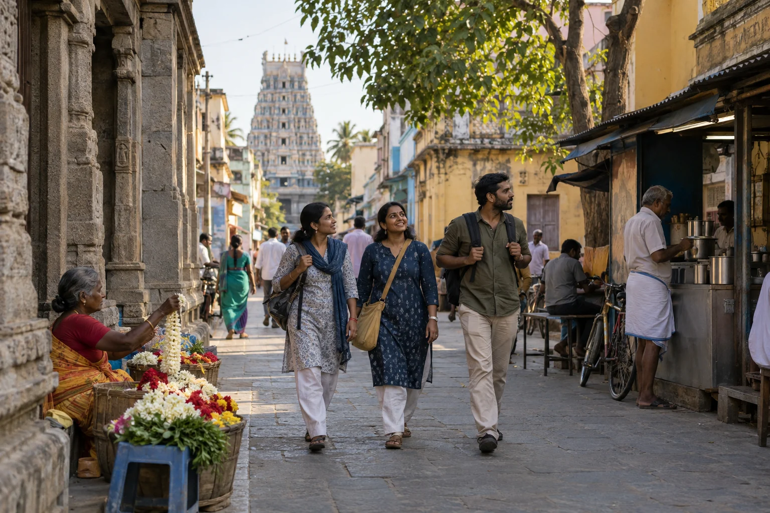 Travelers walking past flower sellers and a tea stall on a Tamil Nadu temple-town street