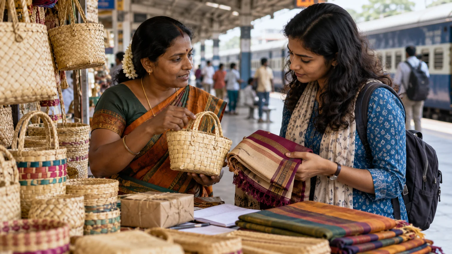 Rail traveler comparing a palm-leaf basket and handloom textile with a Tamil Nadu artisan