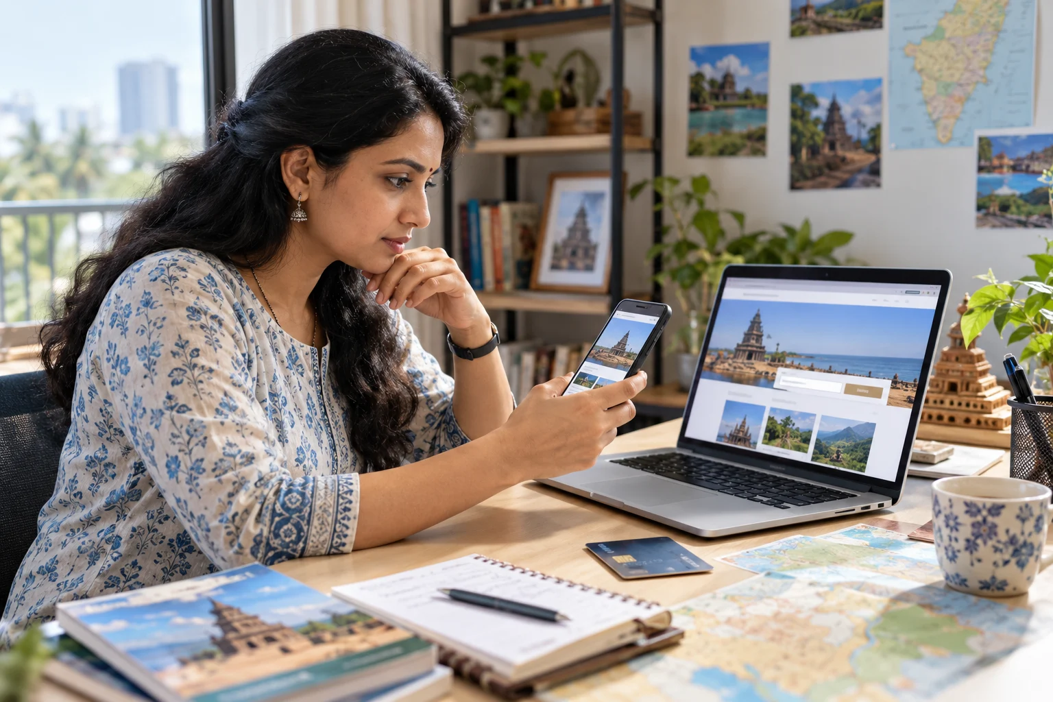 Tamil traveler comparing tourism booking information on a phone and laptop before paying