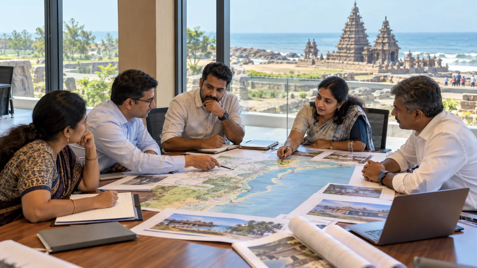 Tamil Nadu tourism planners reviewing a regional map near Mamallapuram