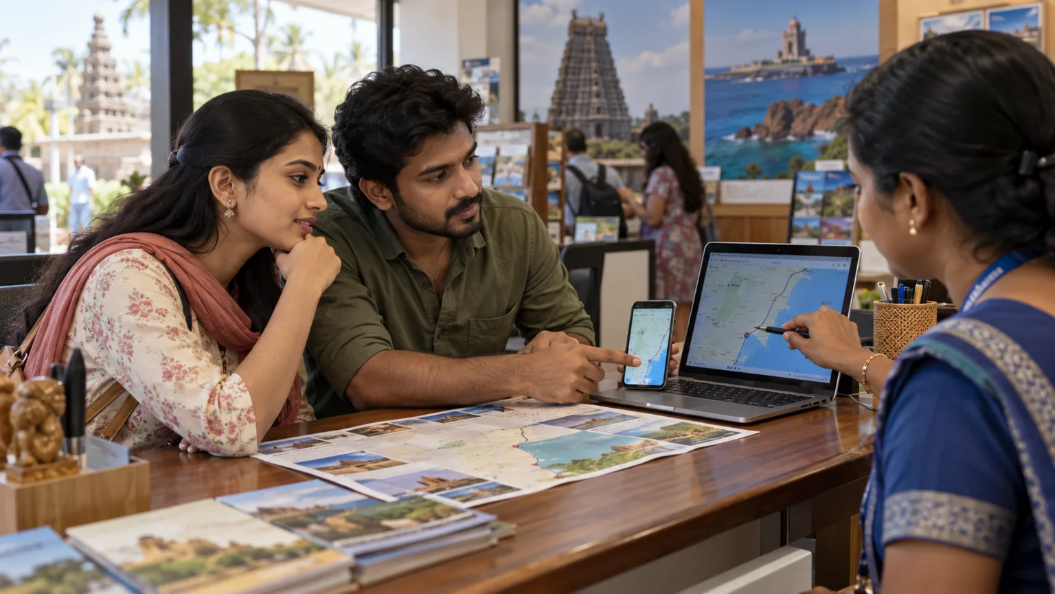 Travelers verifying a proposed Tamil Nadu tourism project at an information desk