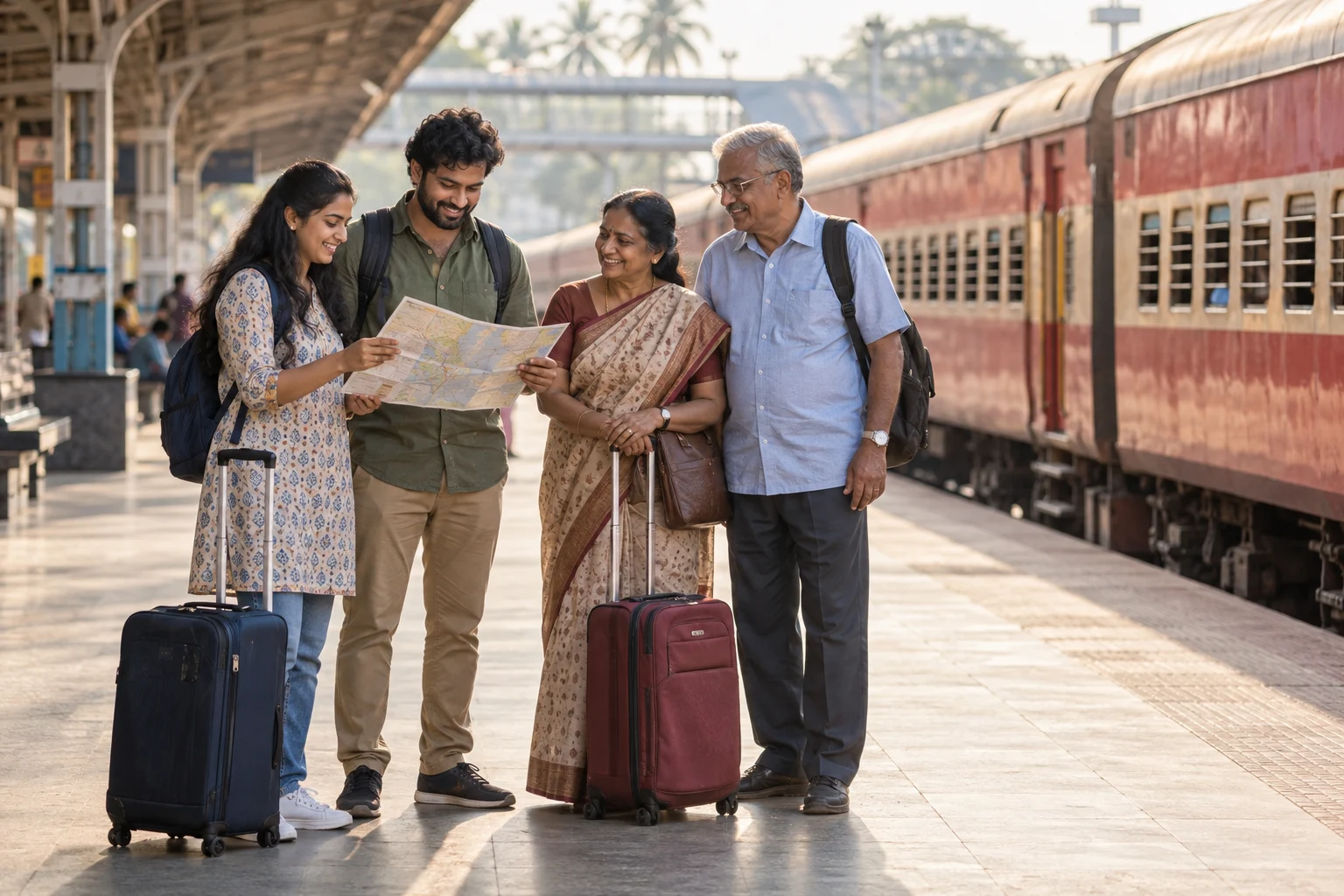 Indian family reviewing a travel map beside a passenger train before a Tamil Nadu journey