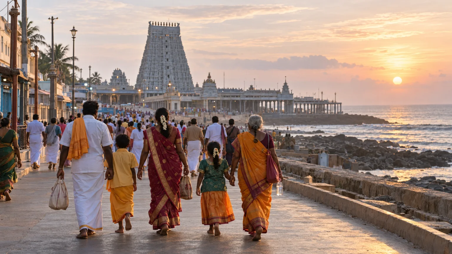 Multigenerational Tamil families walking toward Tiruchendur temple at dawn