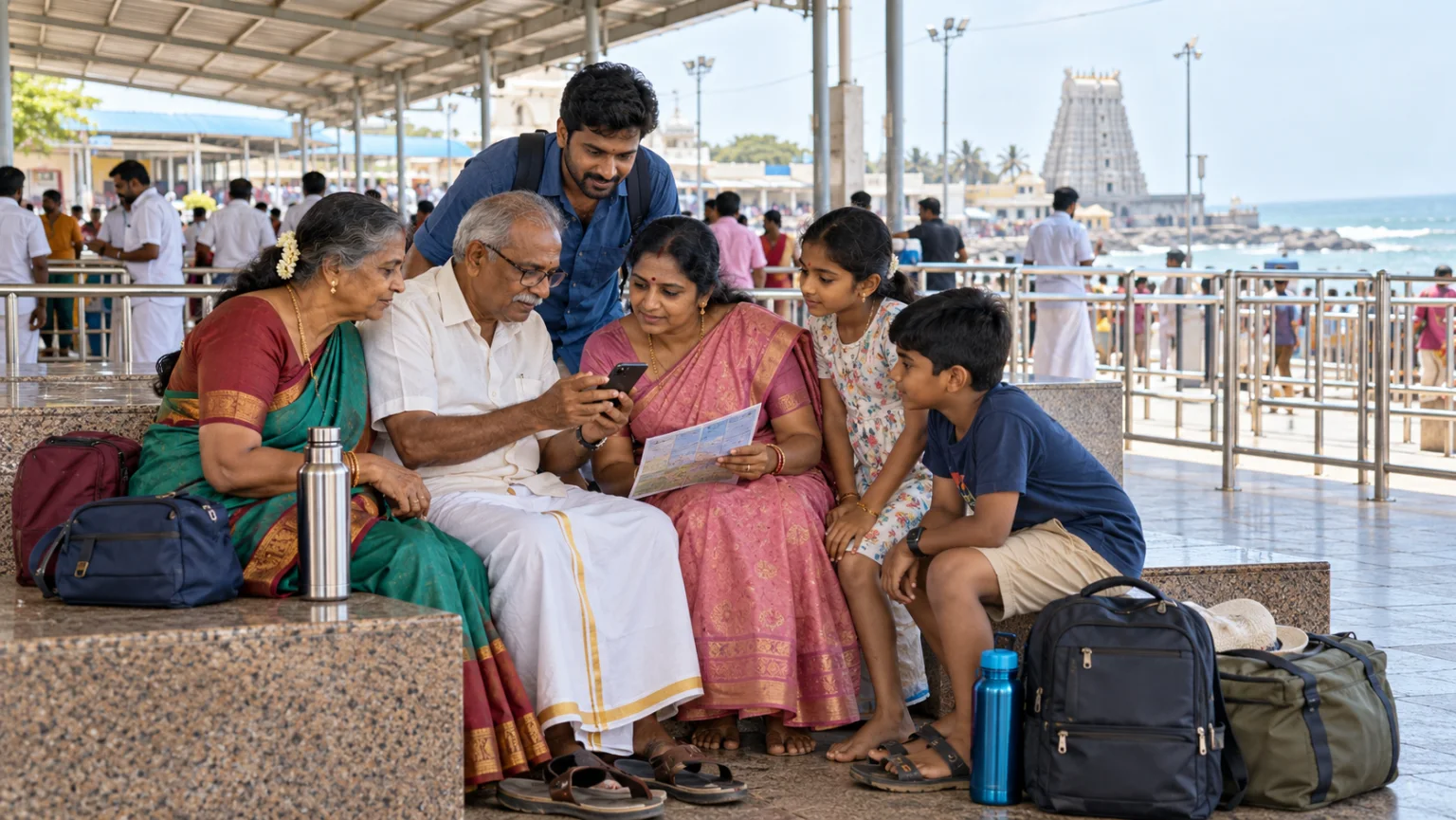 Tamil family reviewing a festival plan near Tiruchendur temple